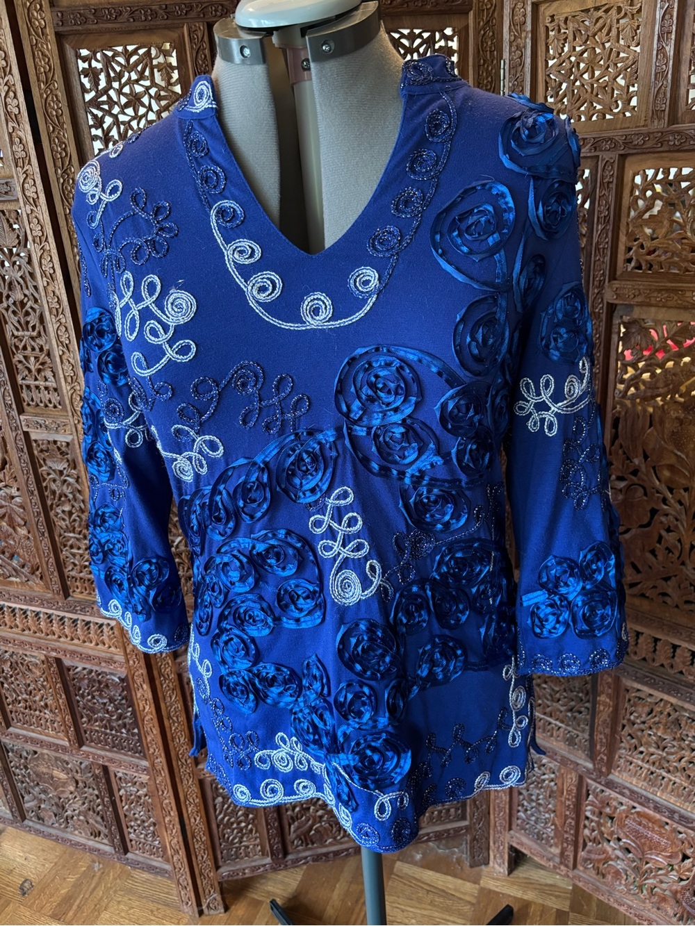 Investments Royal Blue Embroidered V-Neck Blouse